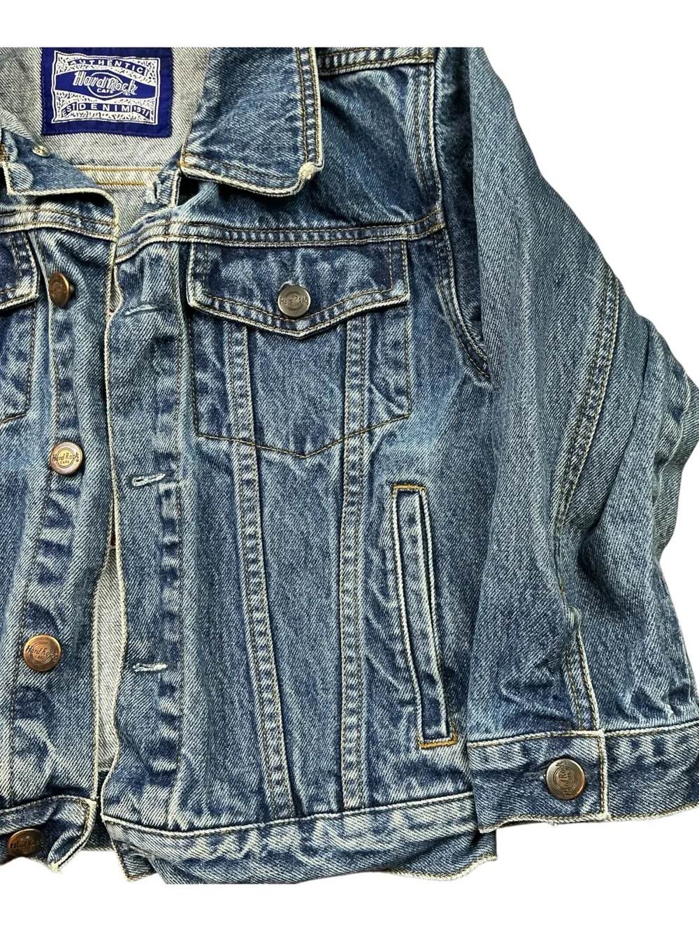Vintage 90s Hard Rock Cafe Hollywood medium washed denim jacket youth S/M - Picture 5 of 7